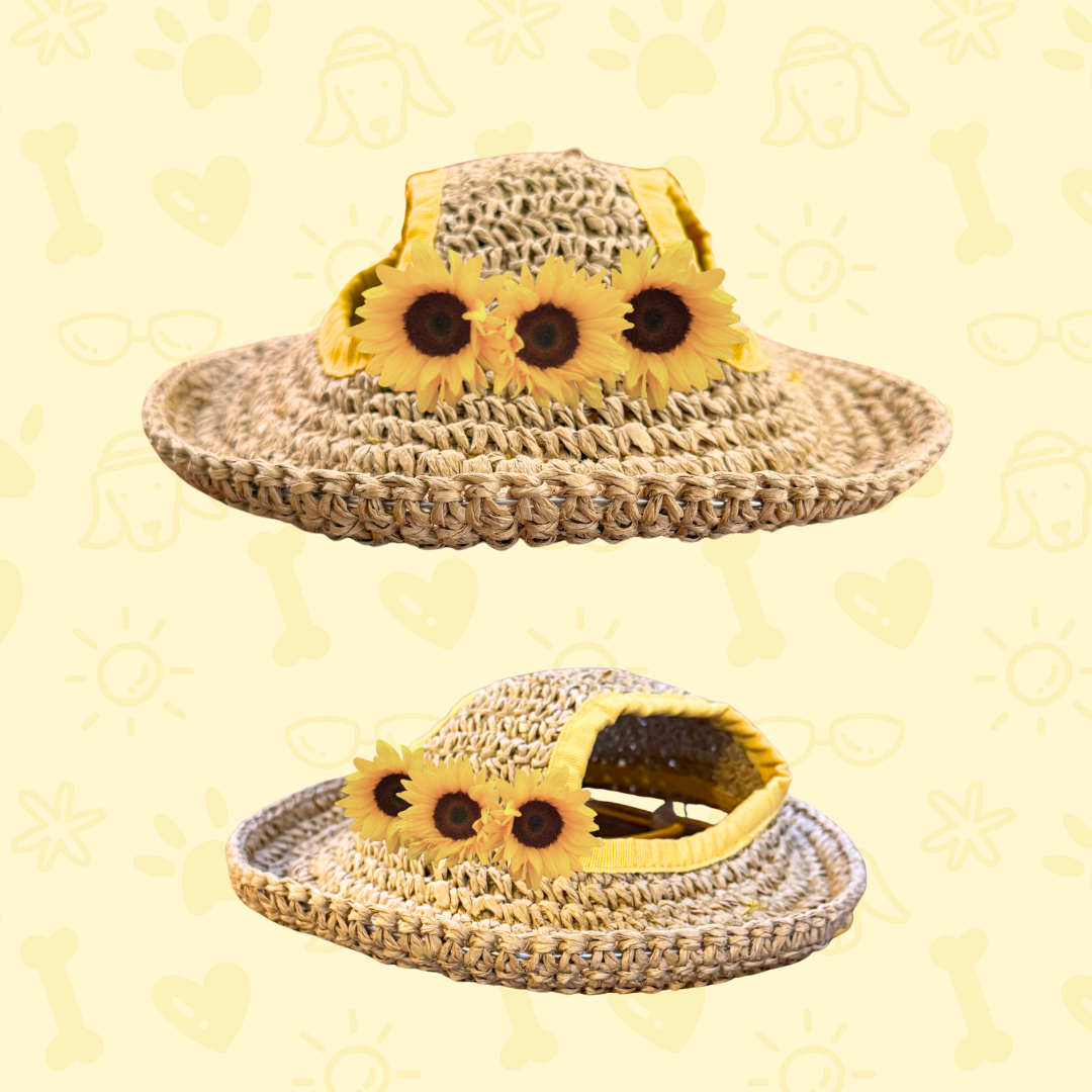 Dog Straw Hat with Flowers